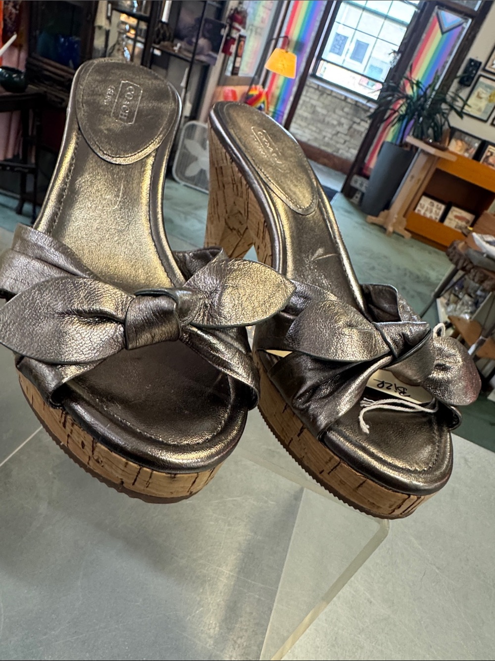 Coach Metallic Black Cork Wedge Slide Sandals with Knot Accent Sz 7